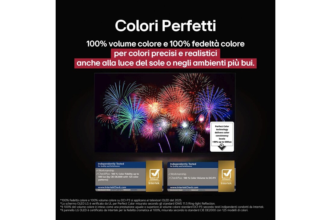 Colorful parrot in ultra-high definition against a black background. Water drops are suspended in the air all around it. The image showcases Perfect Color as each different hue on the parrot's body is vibrant and vivid. The dark background with the detailed water splashes also highlights how the screen is reflection-free. Different logo certifications from UL and Intertek are visible. These refer to its 100% Color Fidelity, 100% Color Volume, and reflection-free claim. Text is also visible, check the Perfect Color certification mark.